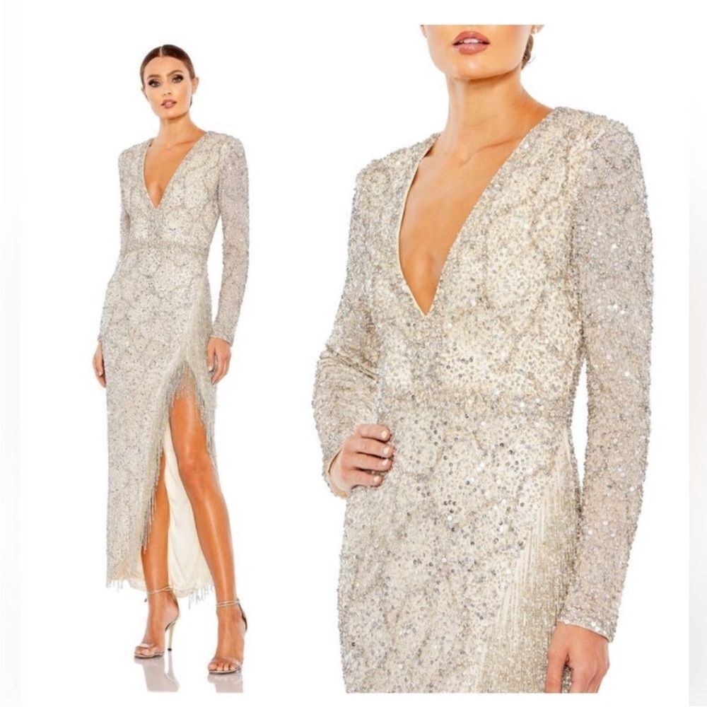Mac Duggal 5741 Embellished Plunging V-Neck Fringe High Slit Nude Dress, Size 10